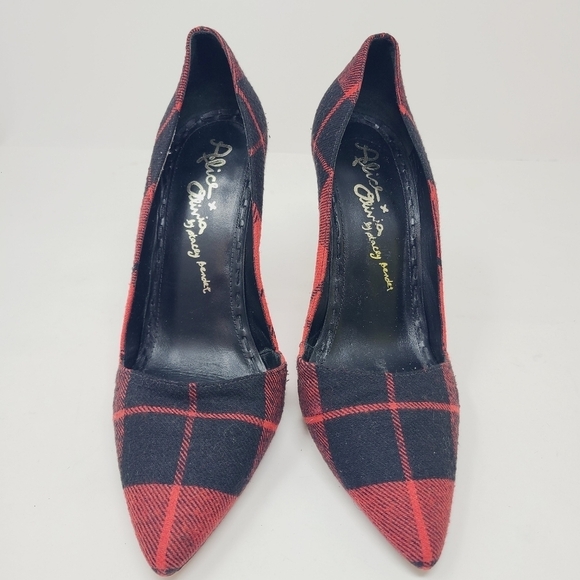 Alice & Olivia | Chic Red and Black Plaid Pattern Heels (Italian Size 39.5) - Picture 6 of 12